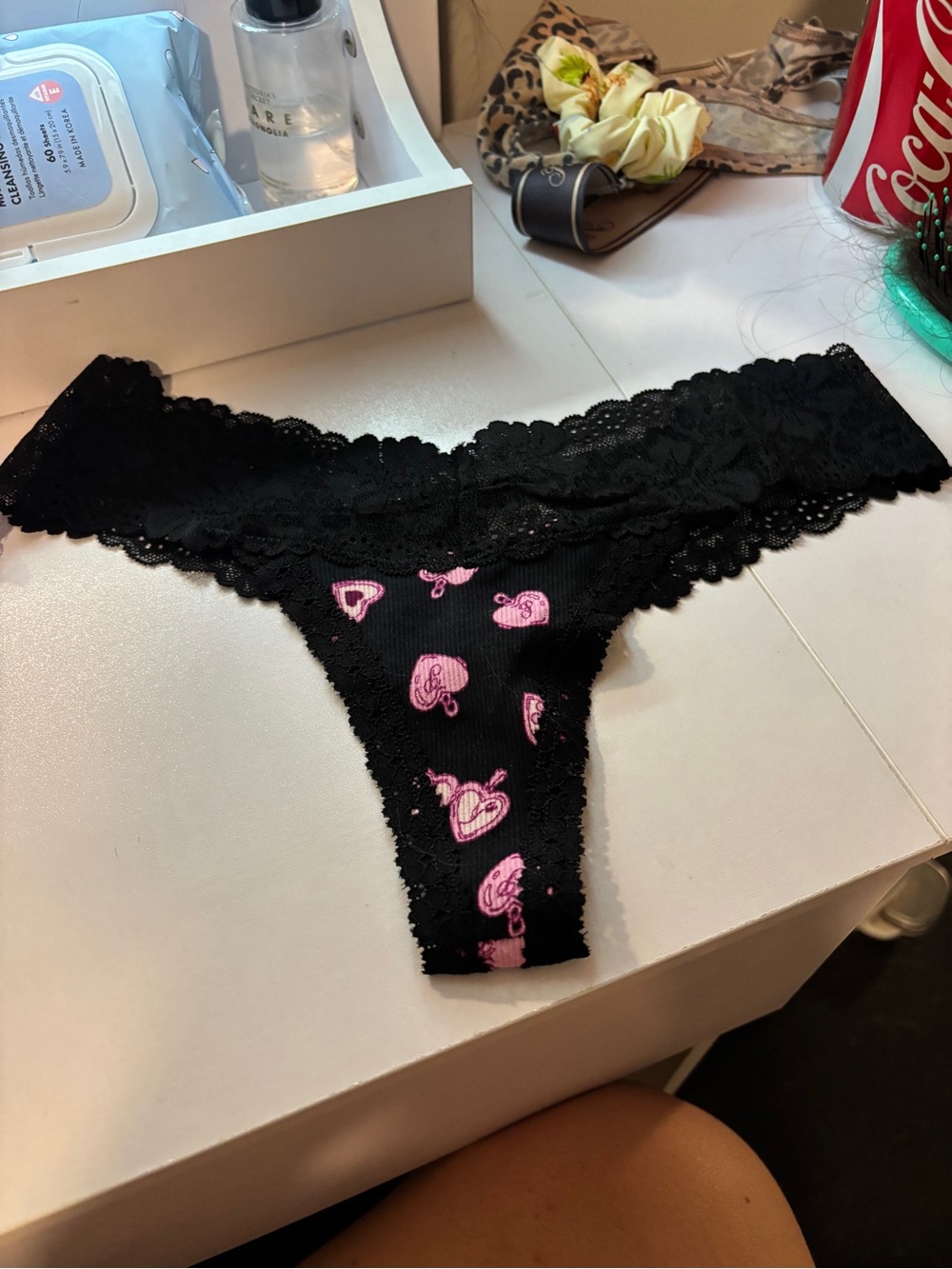 Victoria's Secret Black Lace Thong with Pink Heart Print